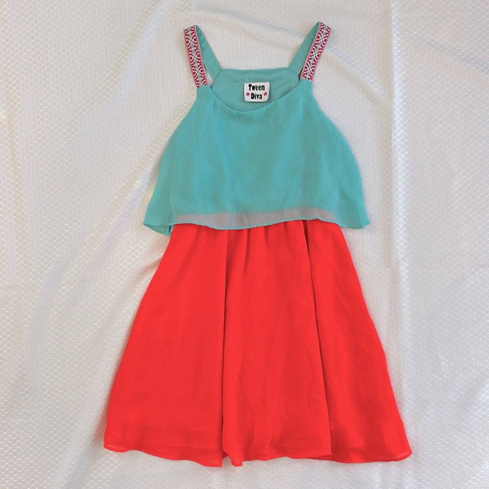 Flowy Aqua and Bright Coral lined dress with CUTE straps